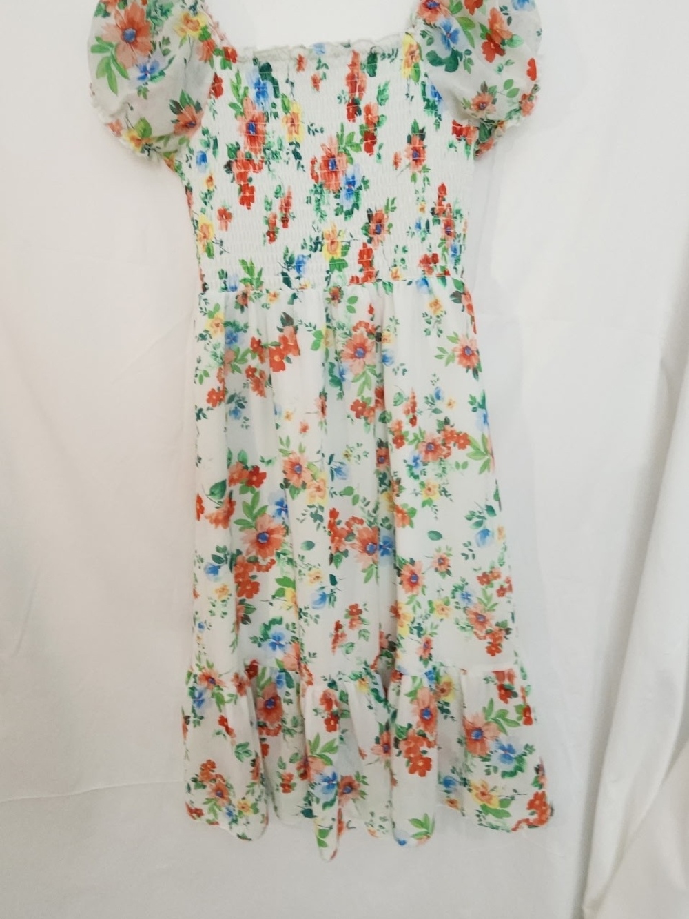 Chenault White Floral Smocked Midi Dress with Orange, Blue and Green Accents